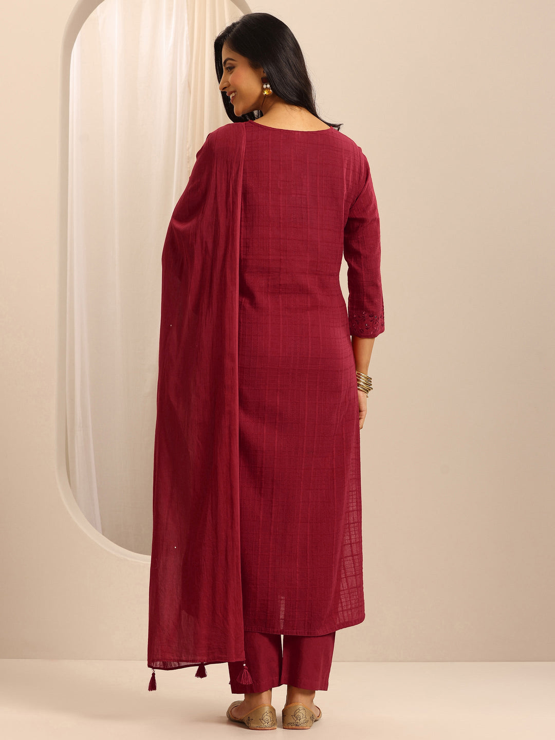 Red Woven Cotton Blend Straight Suit Set With Dupatta