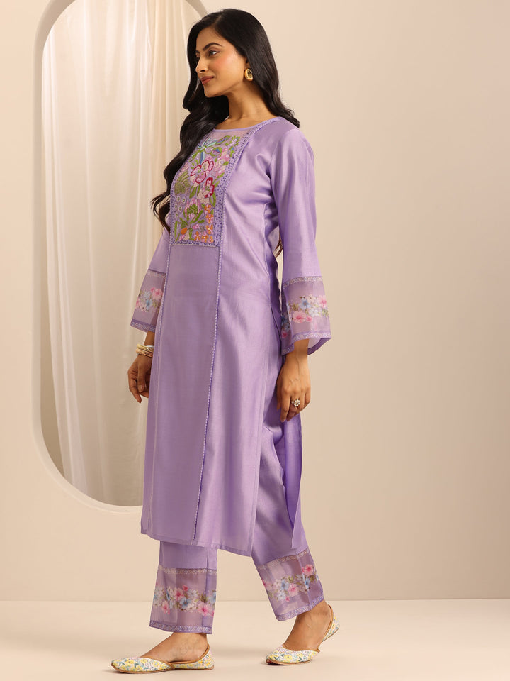Purple Embroidered Silk Blend Straight Suit Set With Dupatta