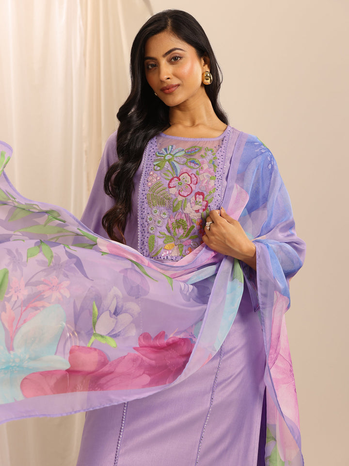 Purple Embroidered Silk Blend Straight Suit Set With Dupatta