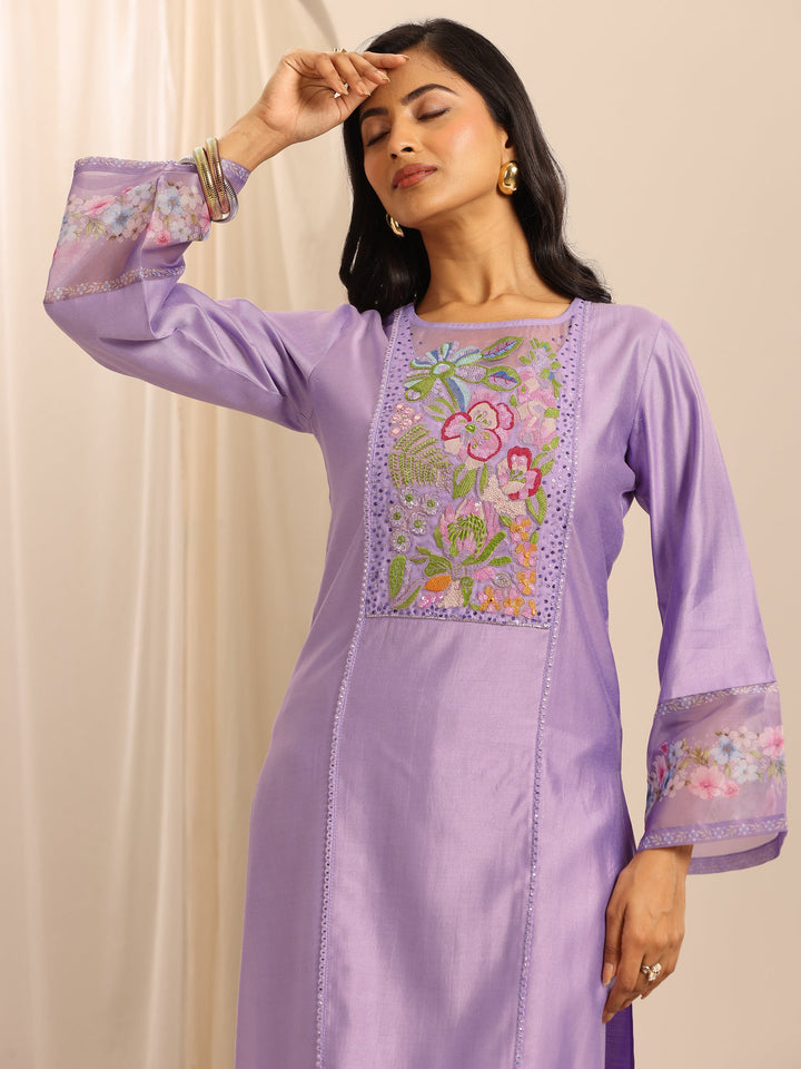 Purple Embroidered Silk Blend Straight Suit Set With Dupatta