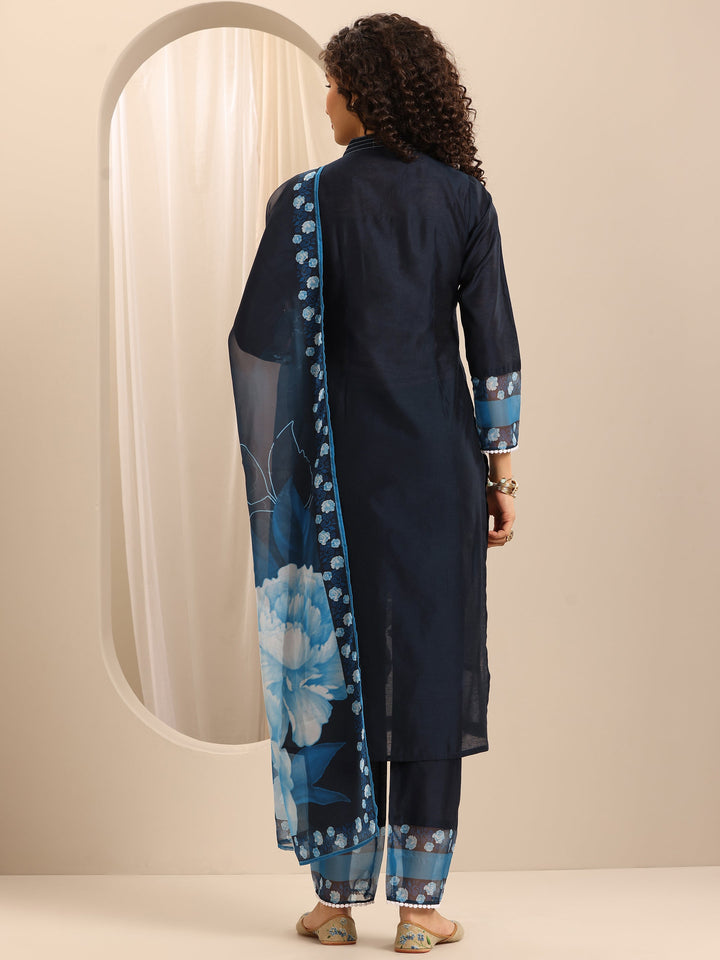 Dark Blue Printed Silk Blend Straight Suit Set With Dupatta