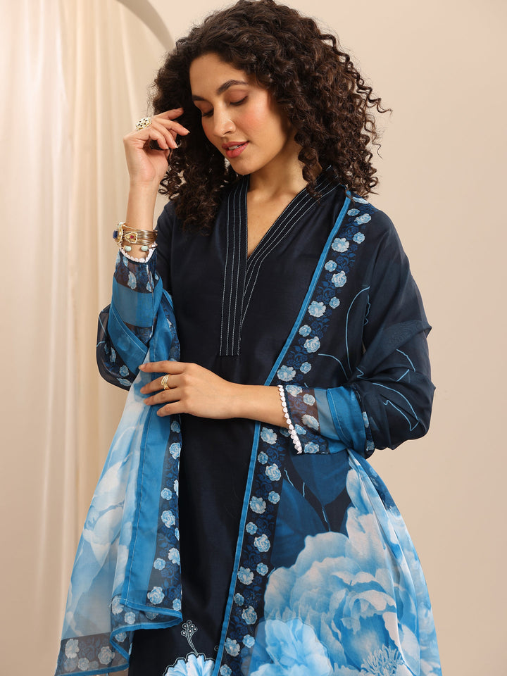 Dark Blue Printed Silk Blend Straight Suit Set With Dupatta