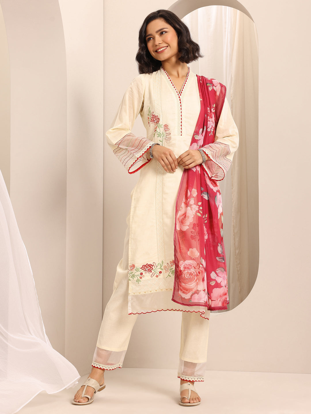 White Embroidered Cotton Blend Straight Suit Set With Dupatta