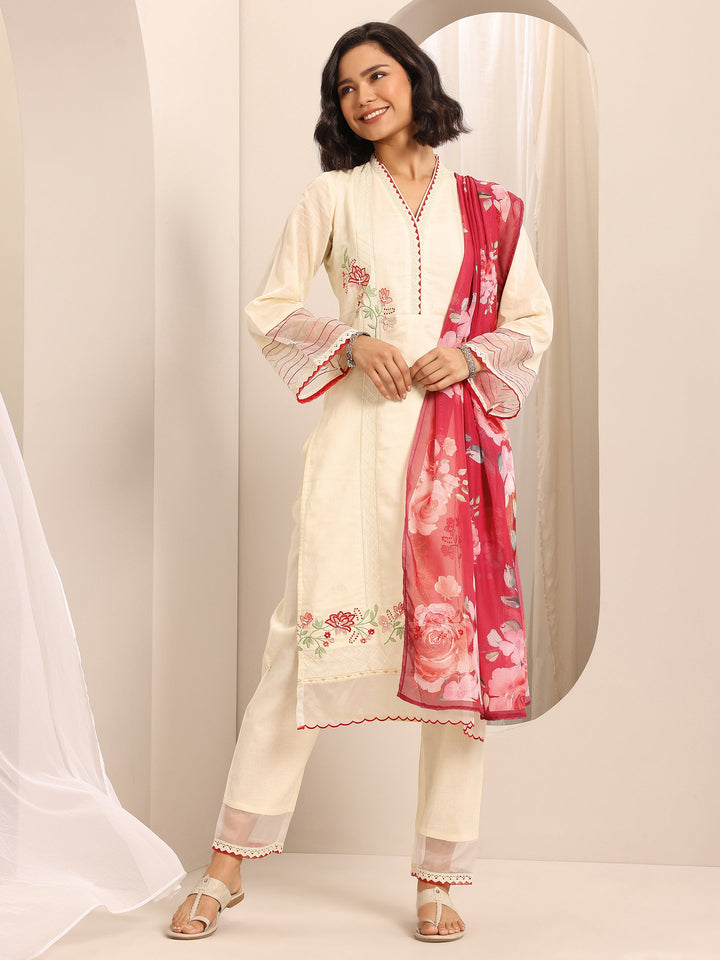 White Embroidered Cotton Blend Straight Suit Set With Dupatta