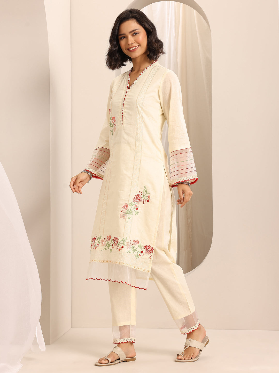 White Embroidered Cotton Blend Straight Suit Set With Dupatta