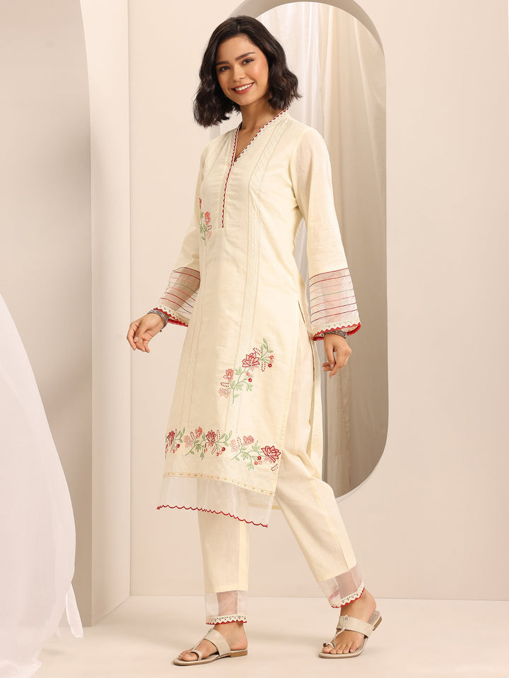 White Embroidered Cotton Blend Straight Suit Set With Dupatta