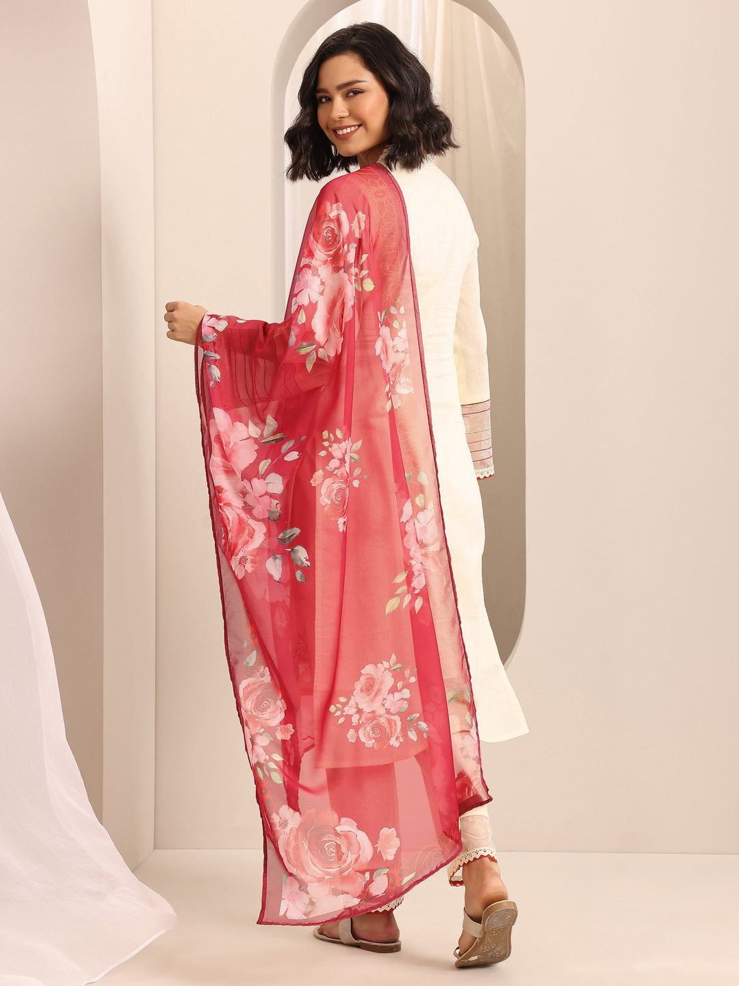 White Embroidered Cotton Blend Straight Suit Set With Dupatta
