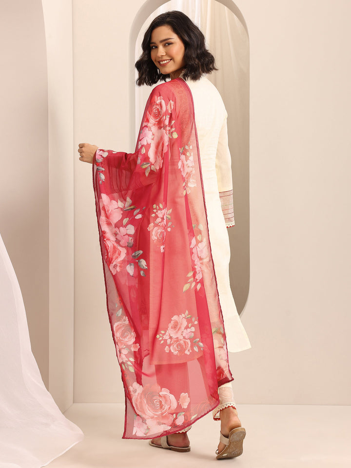 White Embroidered Cotton Blend Straight Suit Set With Dupatta