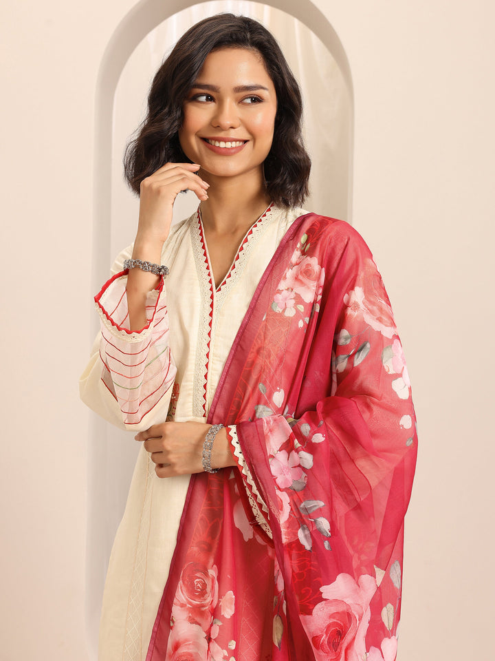 White Embroidered Cotton Blend Straight Suit Set With Dupatta