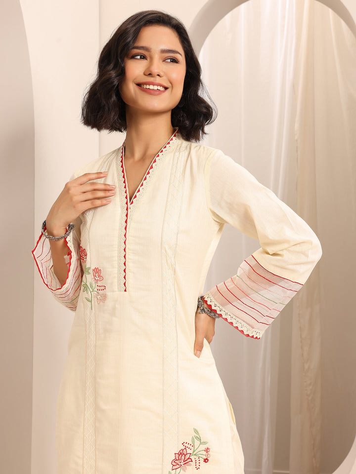 White Embroidered Cotton Blend Straight Suit Set With Dupatta
