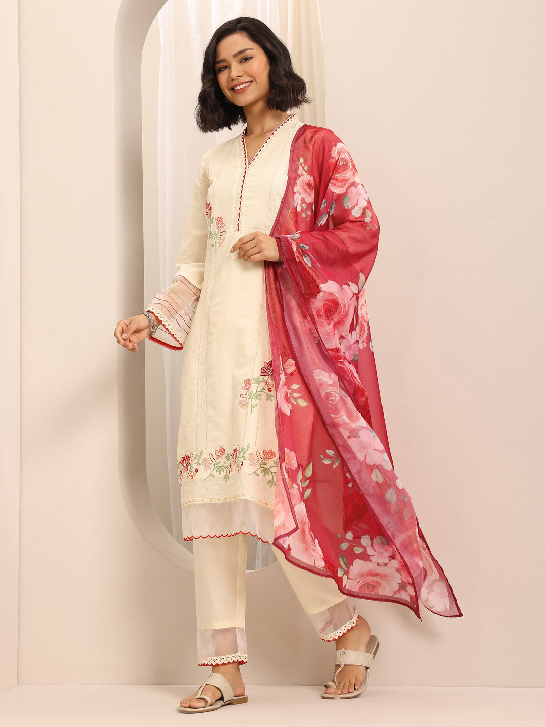 White Embroidered Cotton Blend Straight Suit Set With Dupatta