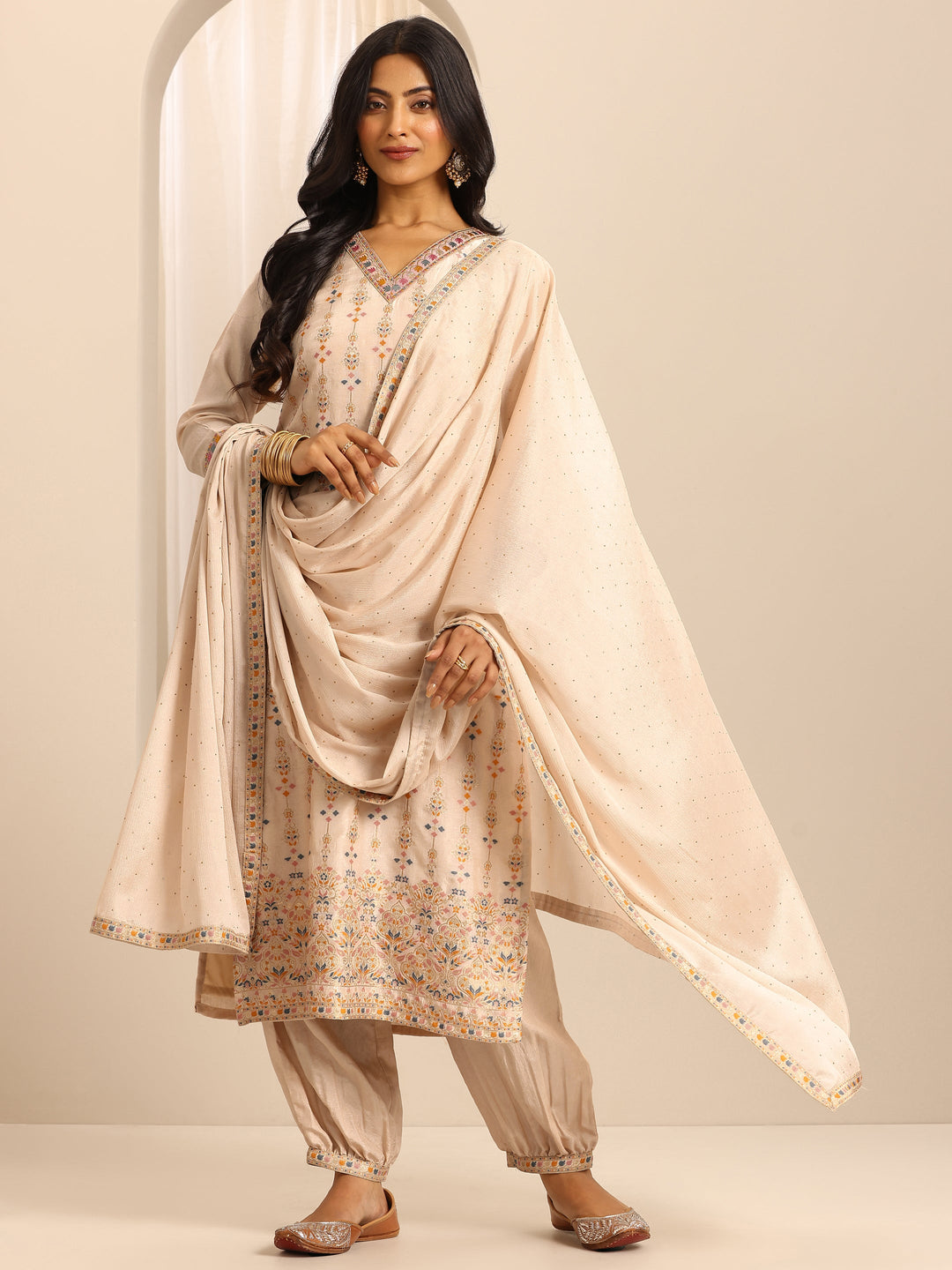 White Woven Silk Blend Straight Suit Set With Dupatta
