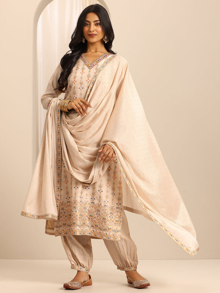White Woven Silk Blend Straight Suit Set With Dupatta