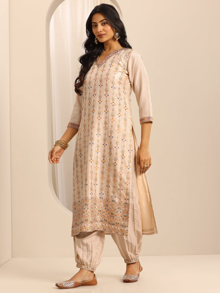 White Woven Silk Blend Straight Suit Set With Dupatta