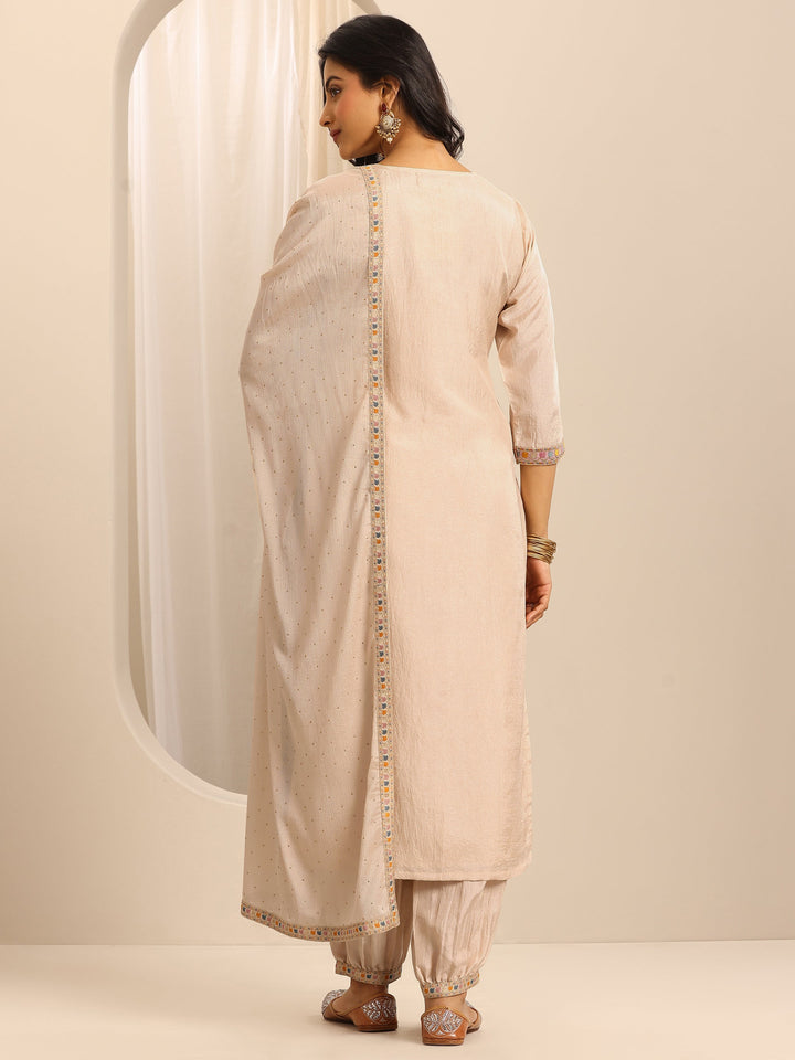 White Woven Silk Blend Straight Suit Set With Dupatta