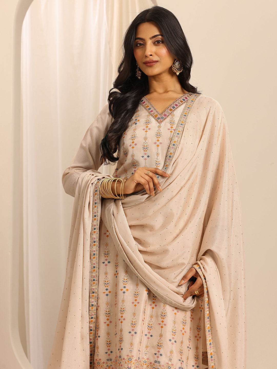 White Woven Silk Blend Straight Suit Set With Dupatta