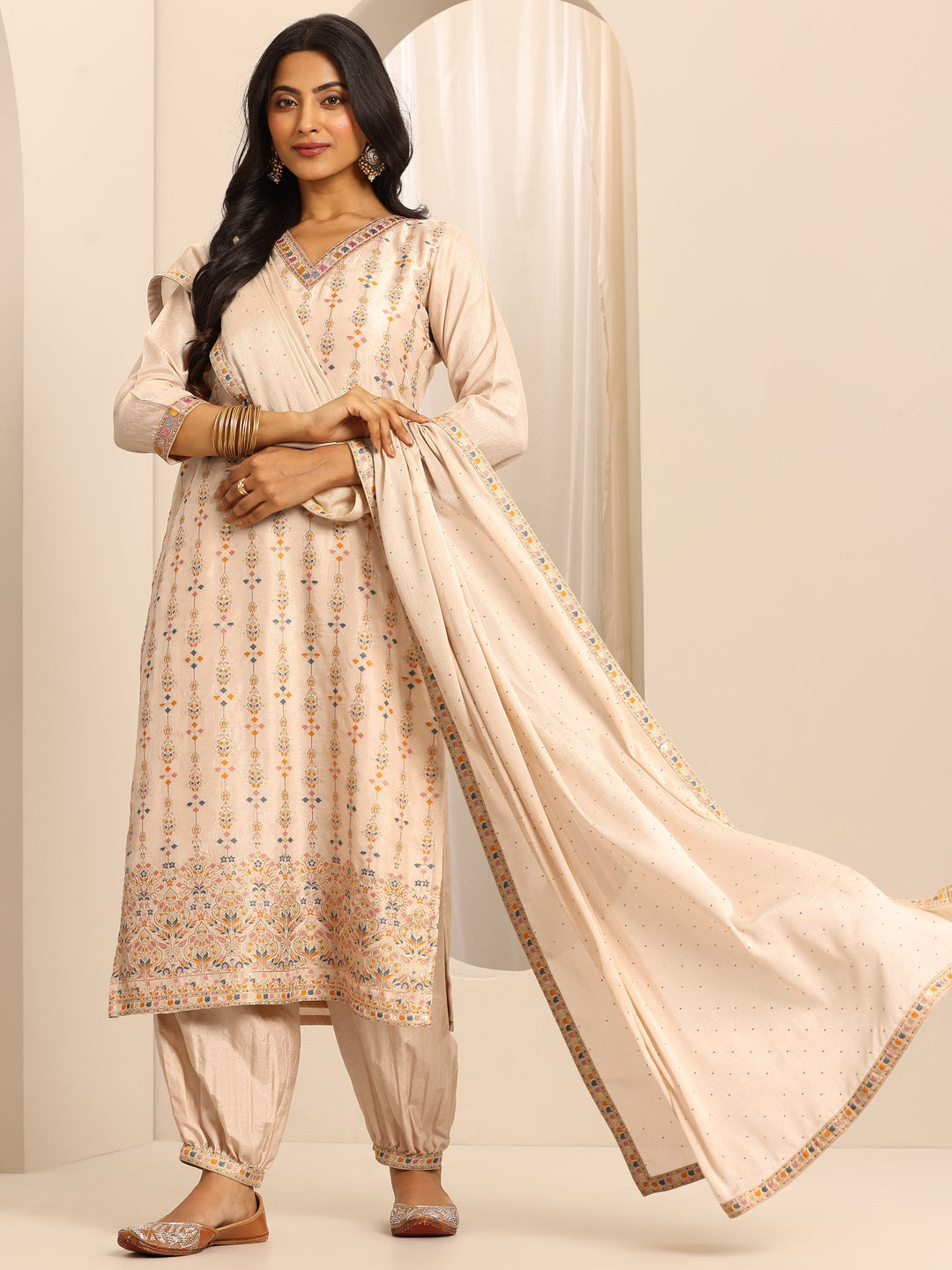 White Woven Silk Blend Straight Suit Set With Dupatta