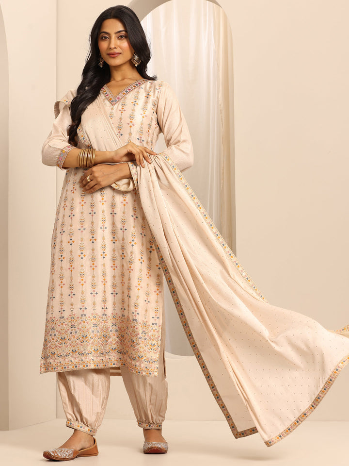 White Woven Silk Blend Straight Suit Set With Dupatta