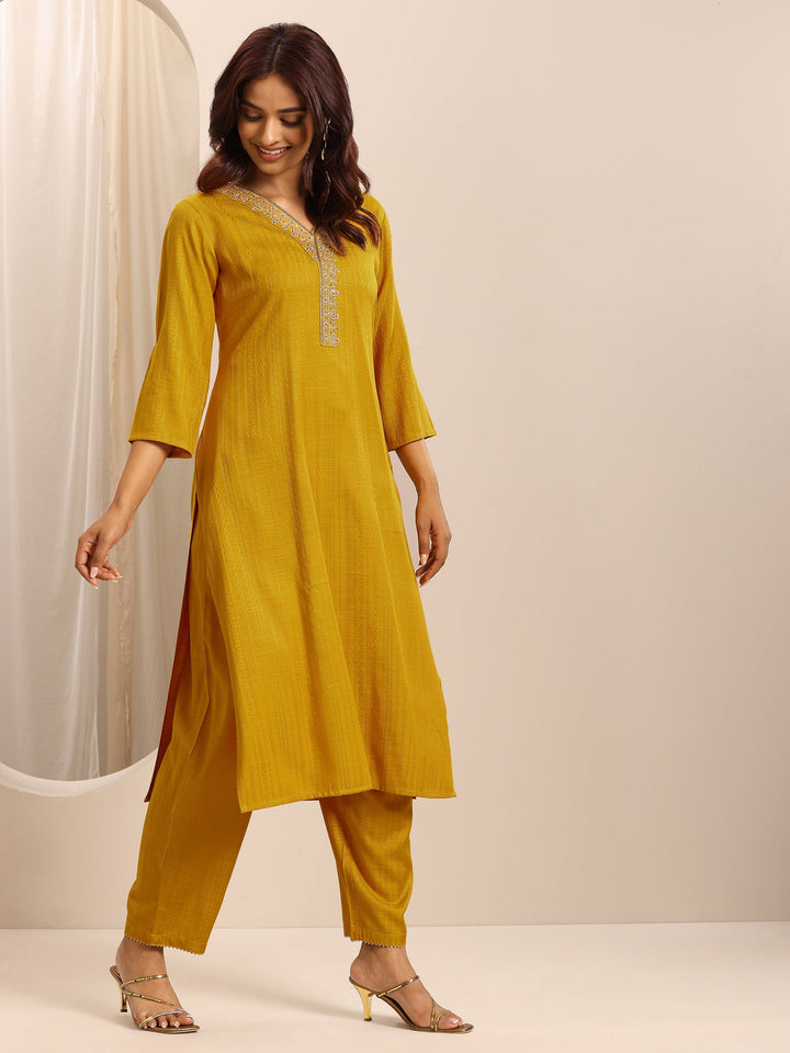 Yellow Woven Cotton Blend Straight Suit Set With Dupatta