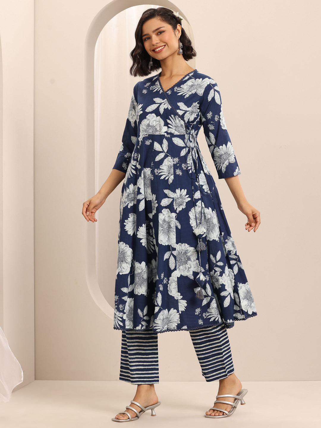 Dark Blue Printed Cotton Blend Anarkali Suit Set With Dupatta