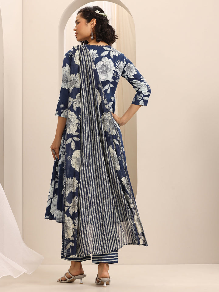 Dark Blue Printed Cotton Blend Anarkali Suit Set With Dupatta
