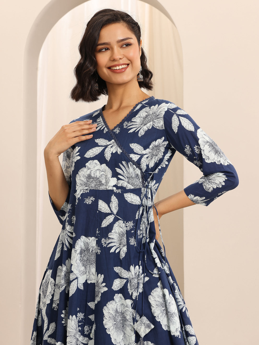 Dark Blue Printed Cotton Blend Anarkali Suit Set With Dupatta