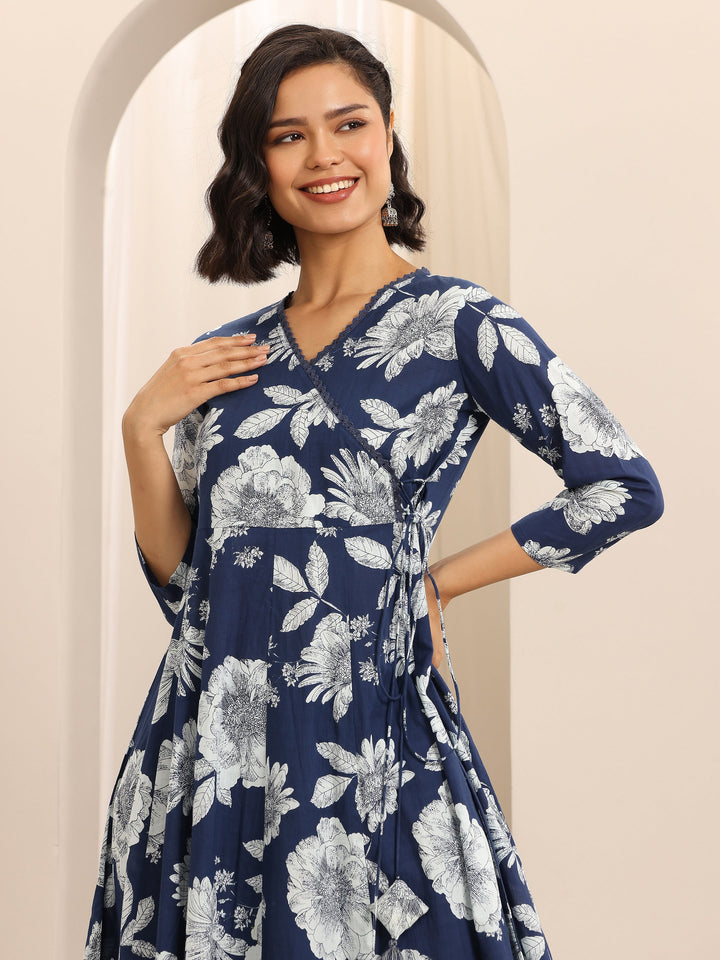 Dark Blue Printed Cotton Blend Anarkali Suit Set With Dupatta