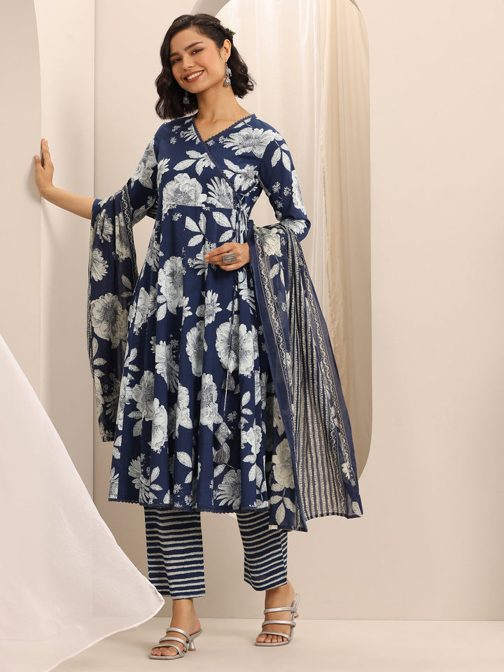 Dark Blue Printed Cotton Blend Anarkali Suit Set With Dupatta