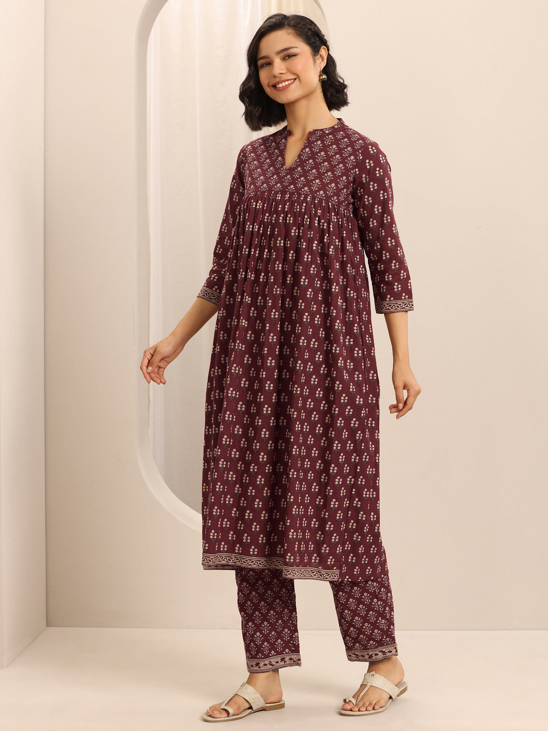 Maroon Printed Cotton Blend Anarkali Suit Set With Dupatta