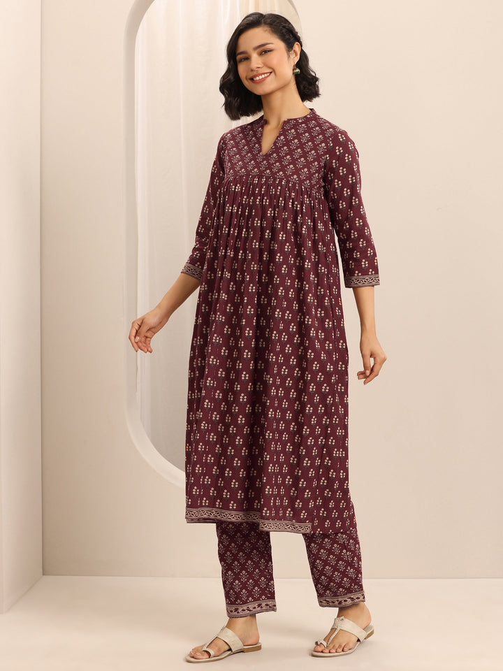 Maroon Printed Cotton Blend Anarkali Suit Set With Dupatta
