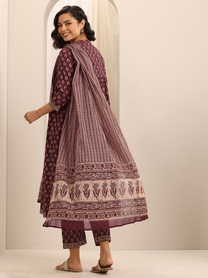 Maroon Printed Cotton Blend Anarkali Suit Set With Dupatta