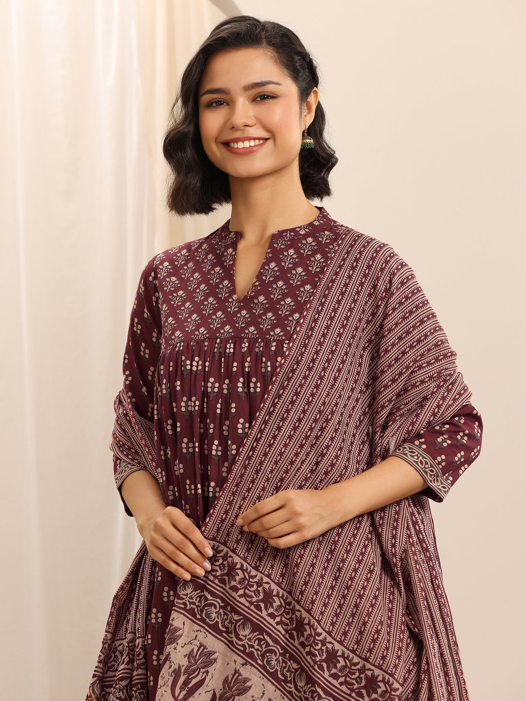 Maroon Printed Cotton Blend Anarkali Suit Set With Dupatta