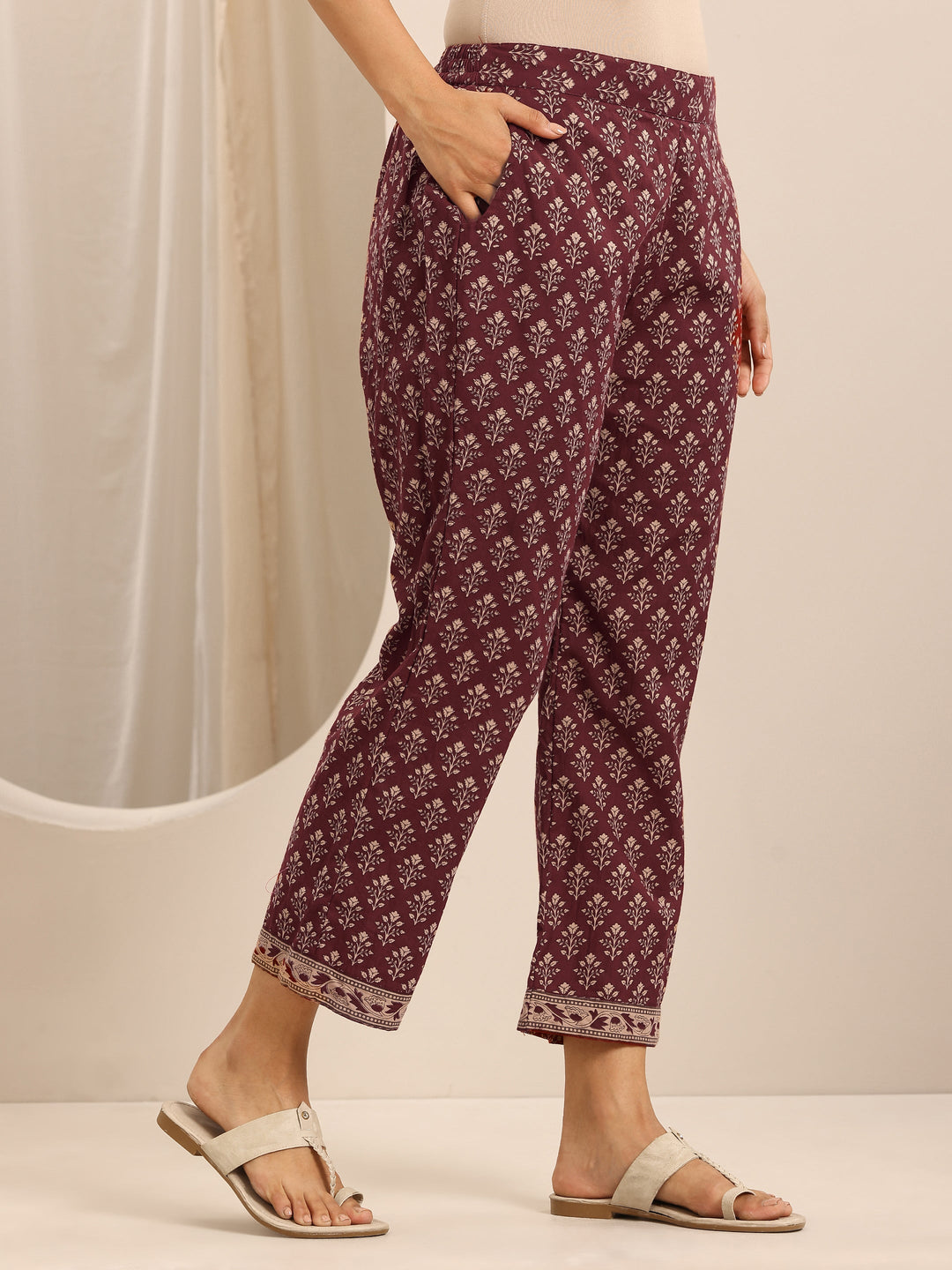 Maroon Printed Cotton Blend Anarkali Suit Set With Dupatta