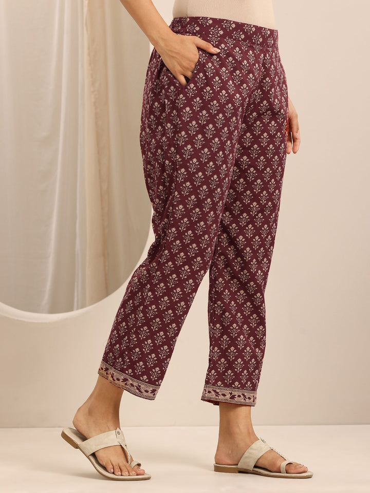 Maroon Printed Cotton Blend Anarkali Suit Set With Dupatta