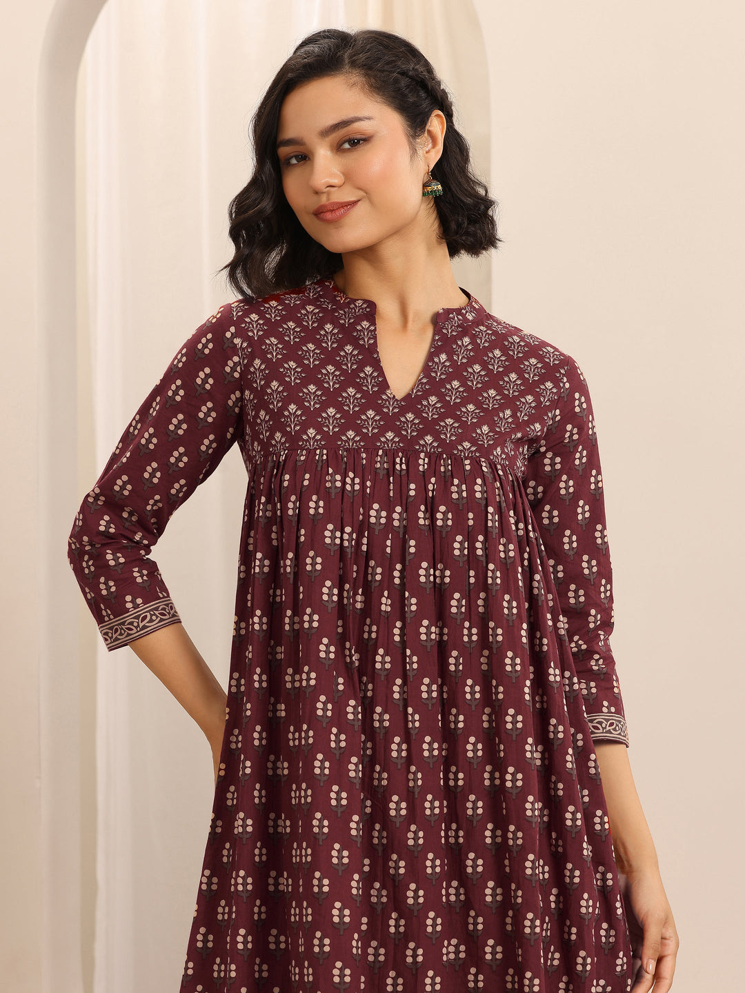 Maroon Printed Cotton Blend Anarkali Suit Set With Dupatta
