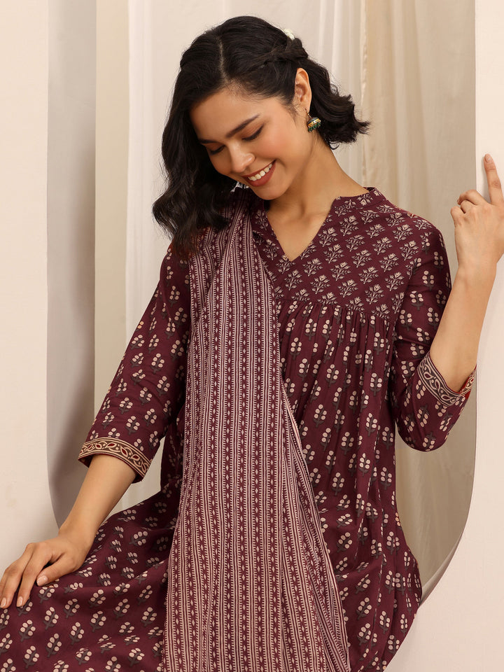 Maroon Printed Cotton Blend Anarkali Suit Set With Dupatta