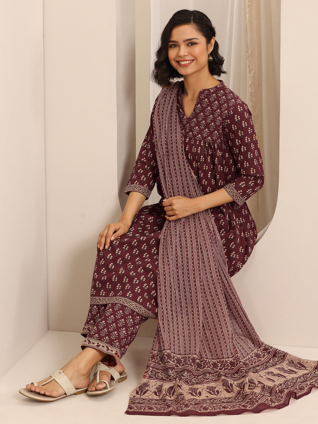 Maroon Printed Cotton Blend Anarkali Suit Set With Dupatta