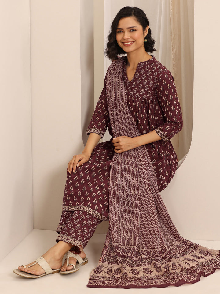 Maroon Printed Cotton Blend Anarkali Suit Set With Dupatta