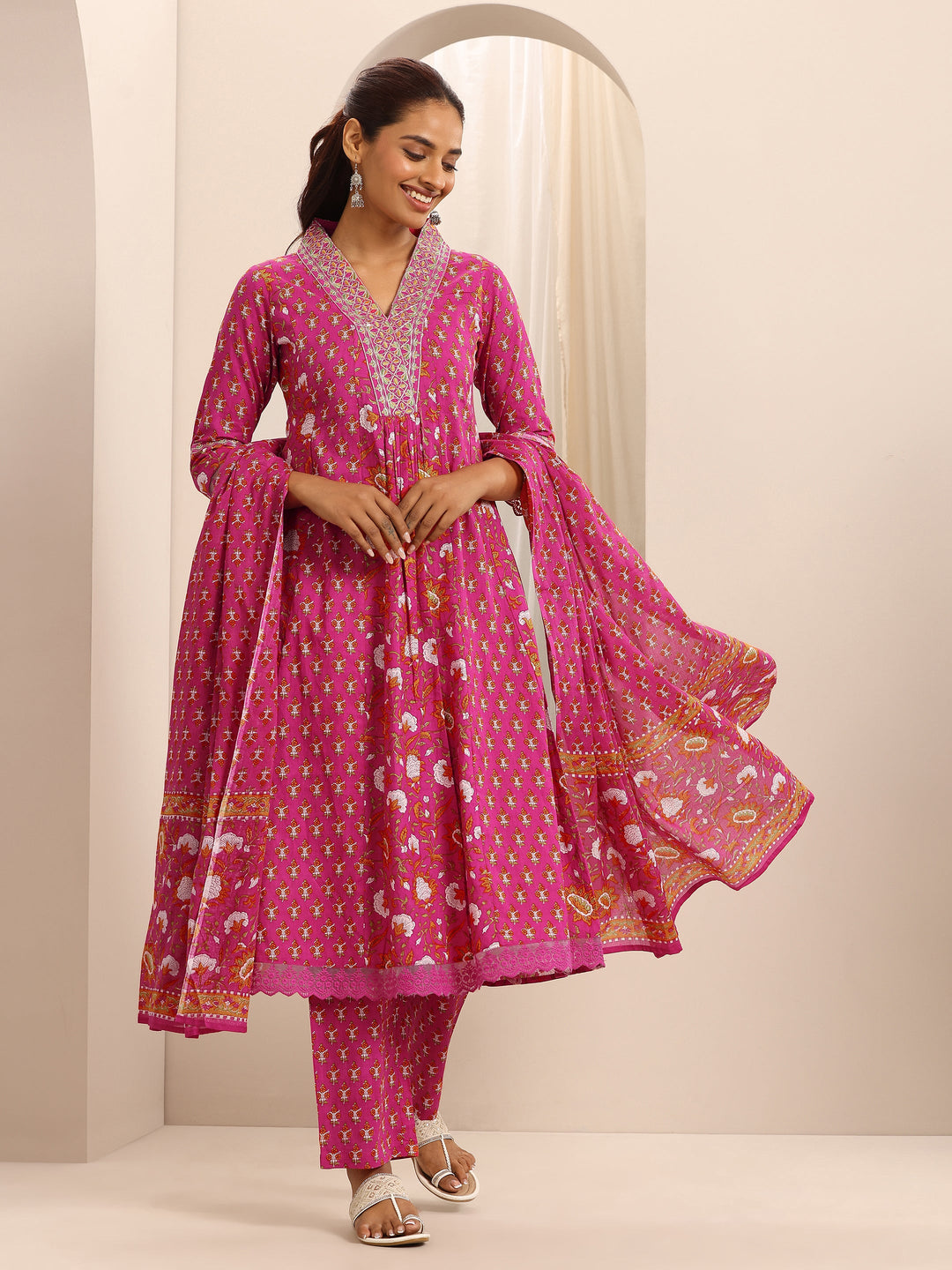 Pink Printed Cotton Blend A-line Suit Set With Dupatta