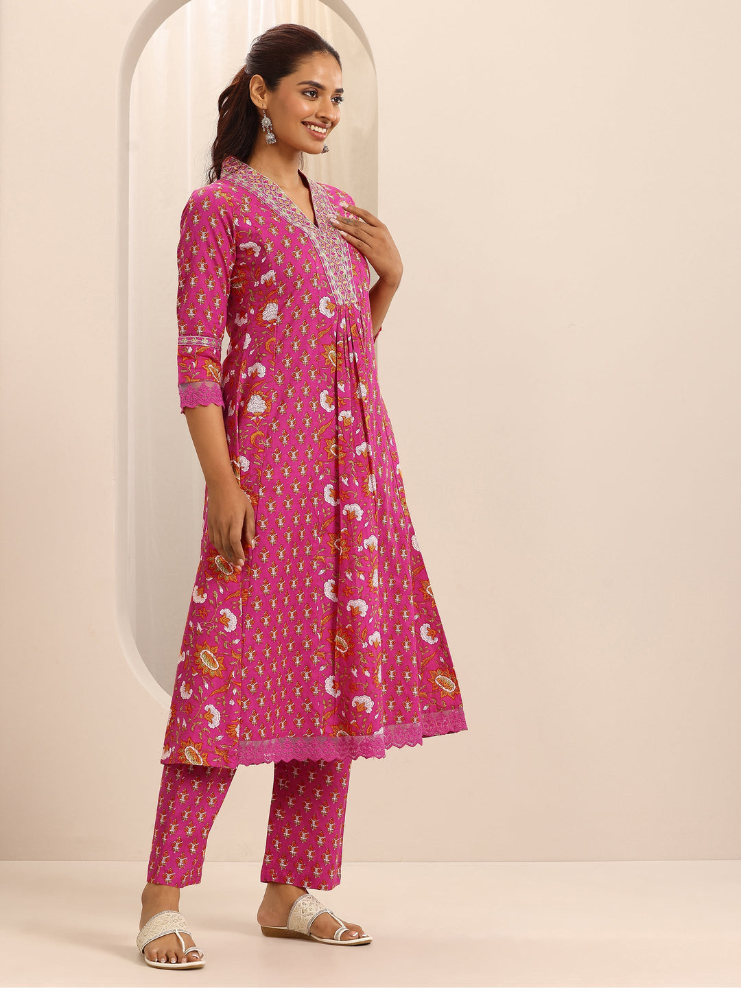 Pink Printed Cotton Blend A-line Suit Set With Dupatta