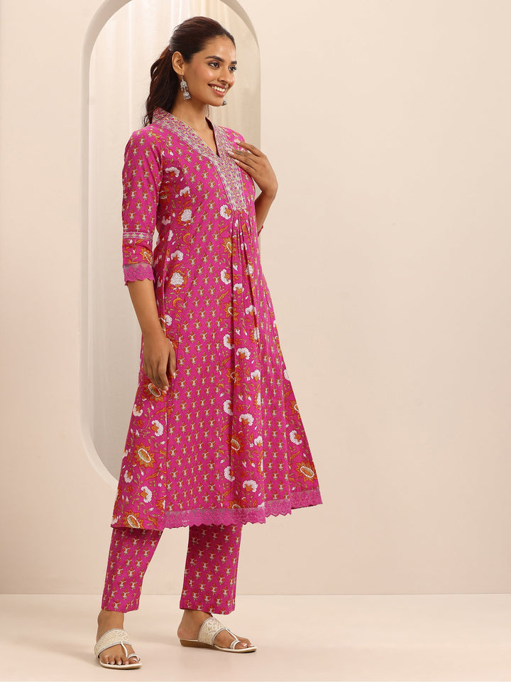 Pink Printed Cotton Blend A-line Suit Set With Dupatta