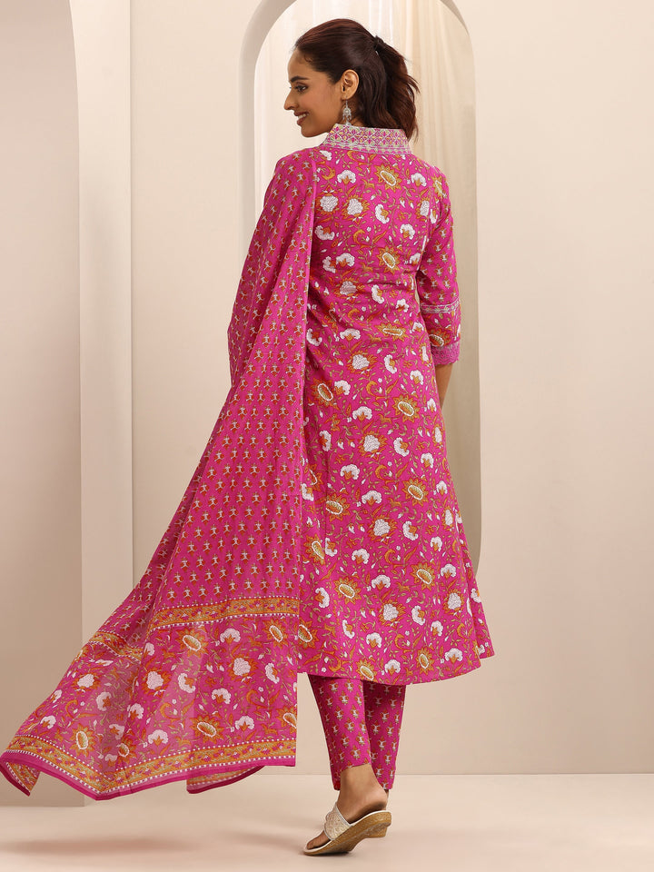 Pink Printed Cotton Blend A-line Suit Set With Dupatta