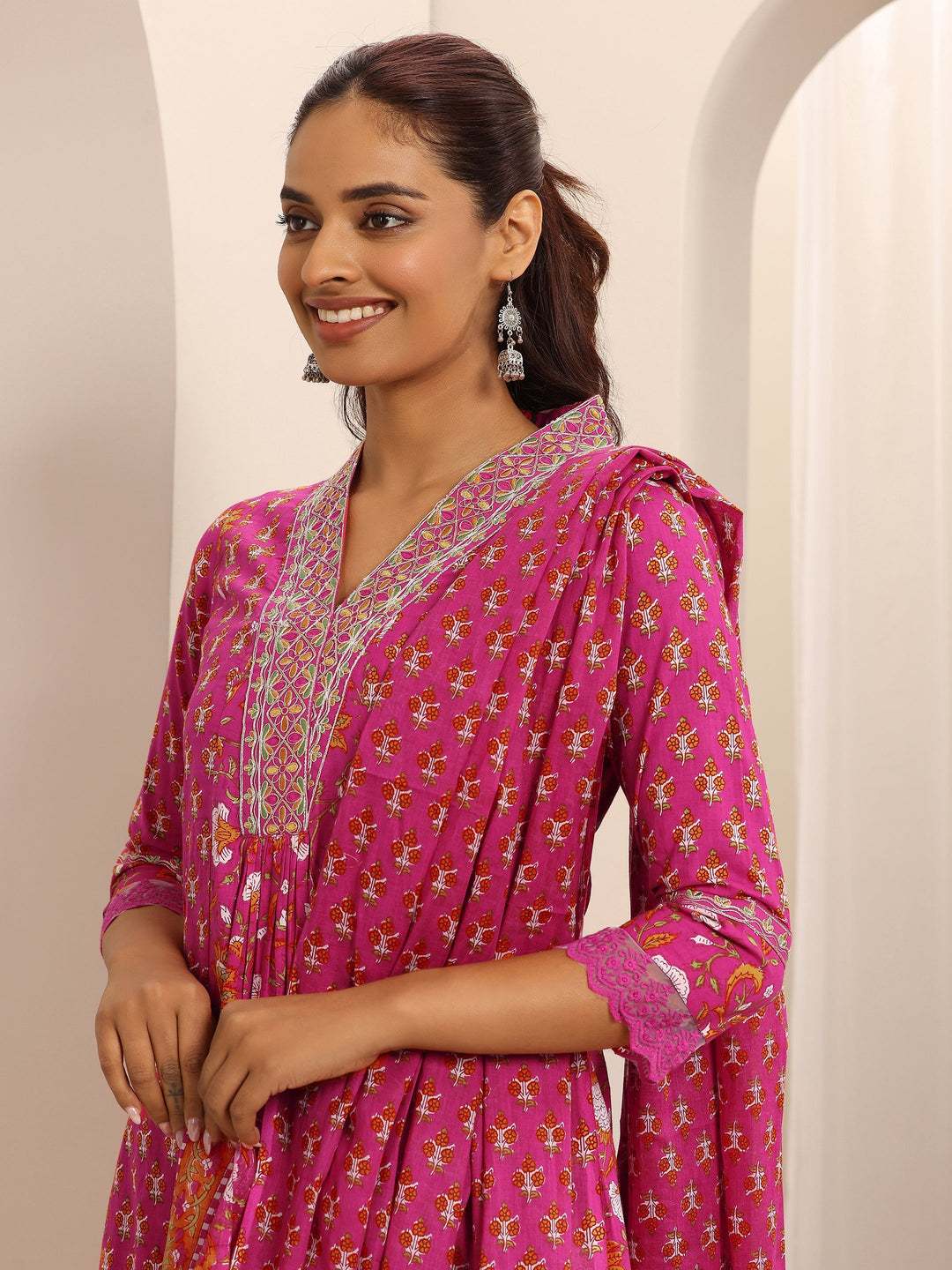 Pink Printed Cotton Blend A-line Suit Set With Dupatta