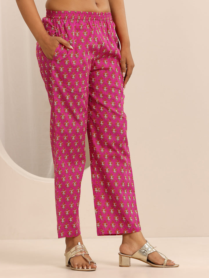Pink Printed Cotton Blend A-line Suit Set With Dupatta
