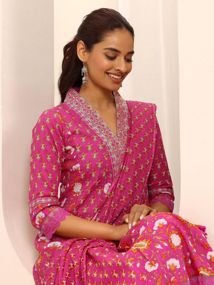Pink Printed Cotton Blend A-line Suit Set With Dupatta