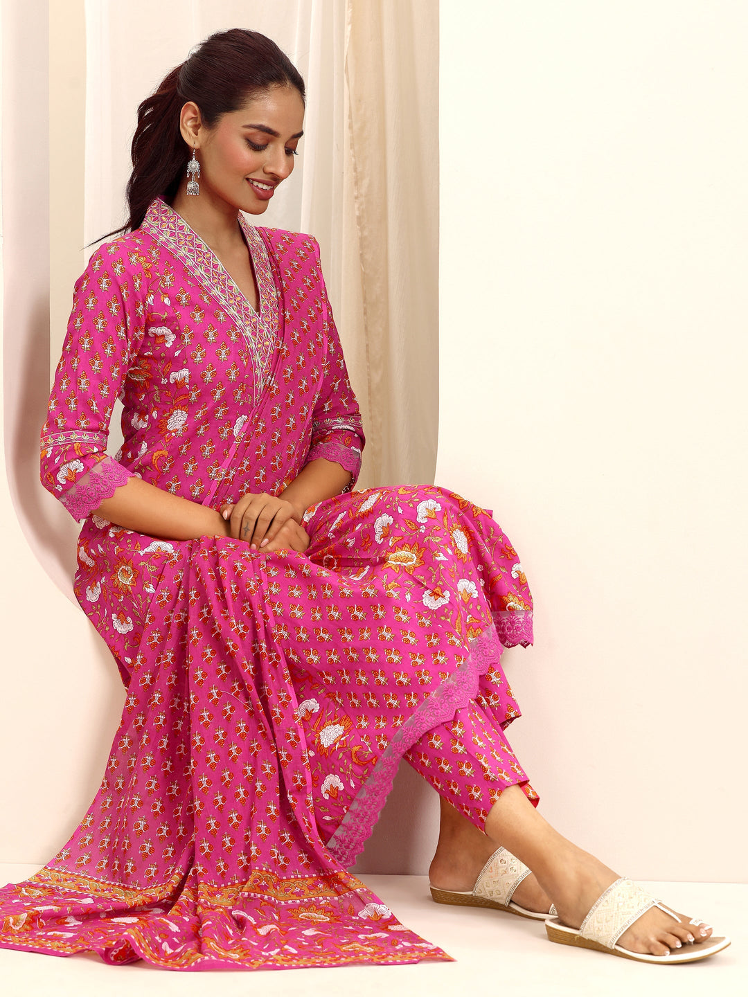 Pink Printed Cotton Blend A-line Suit Set With Dupatta