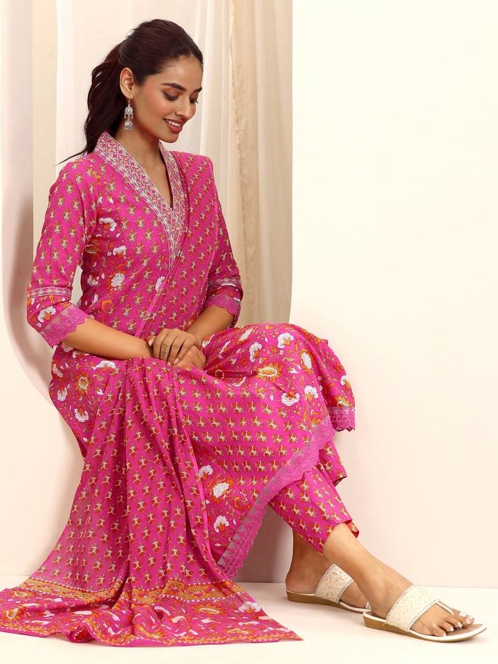 Pink Printed Cotton Blend A-line Suit Set With Dupatta