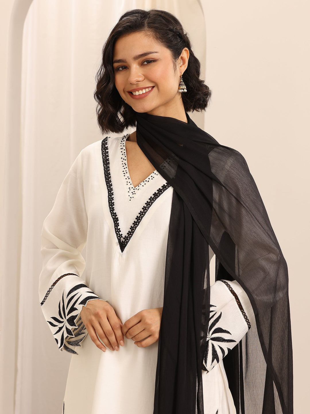 White Embroidered Silk Blend Straight Suit Set With Dupatta