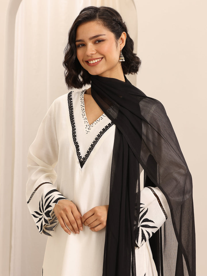 White Embroidered Silk Blend Straight Suit Set With Dupatta