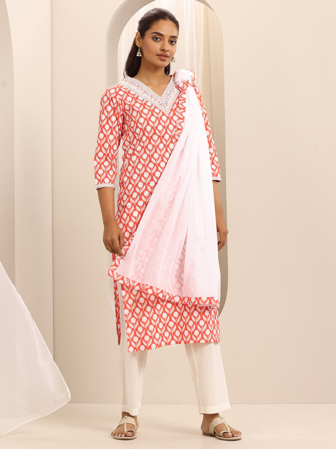 Orange Printed Cotton Blend Straight Suit Set With Dupatta